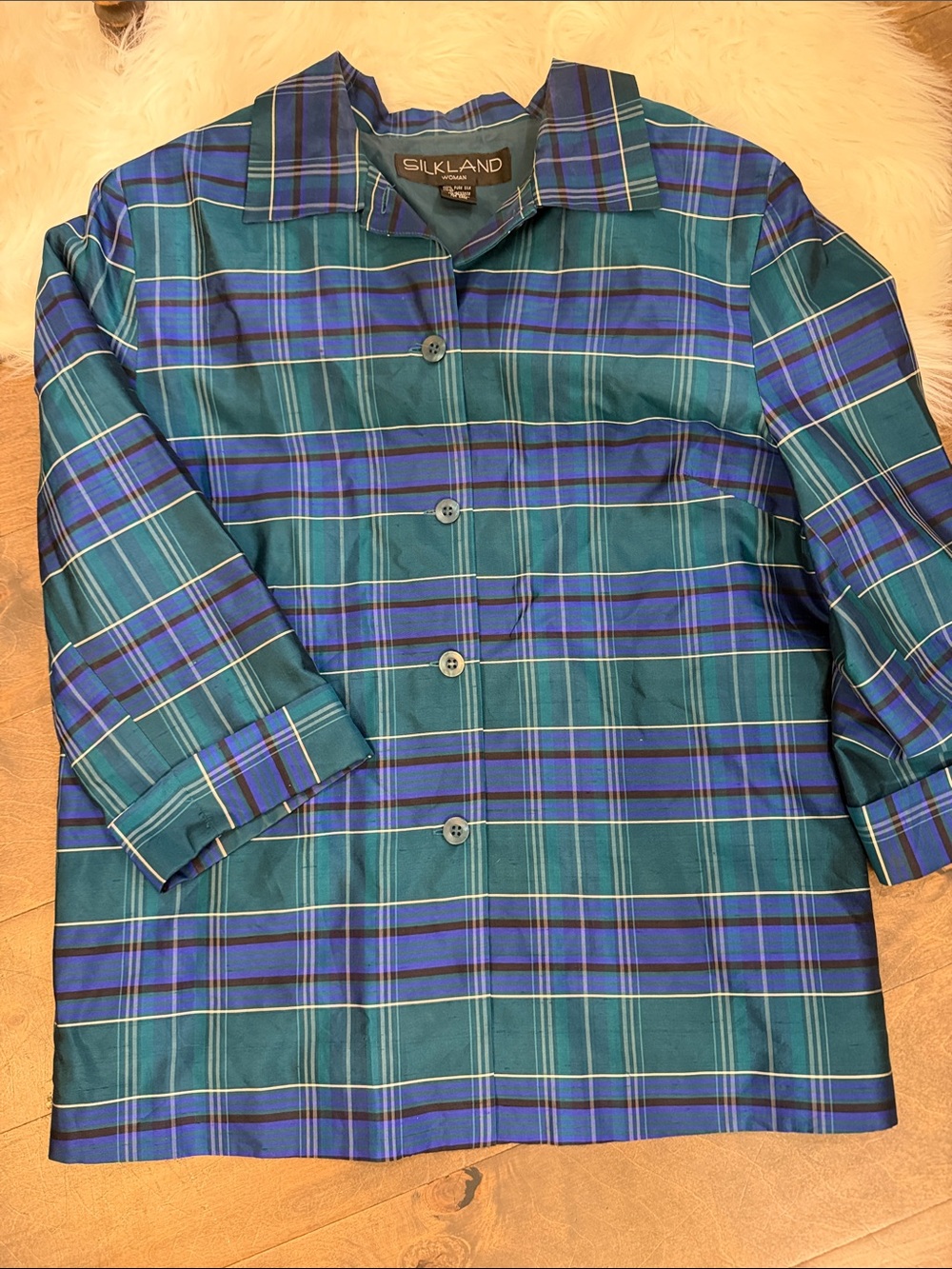 SilkLand Teal and Blue Plaid Button-Up Top